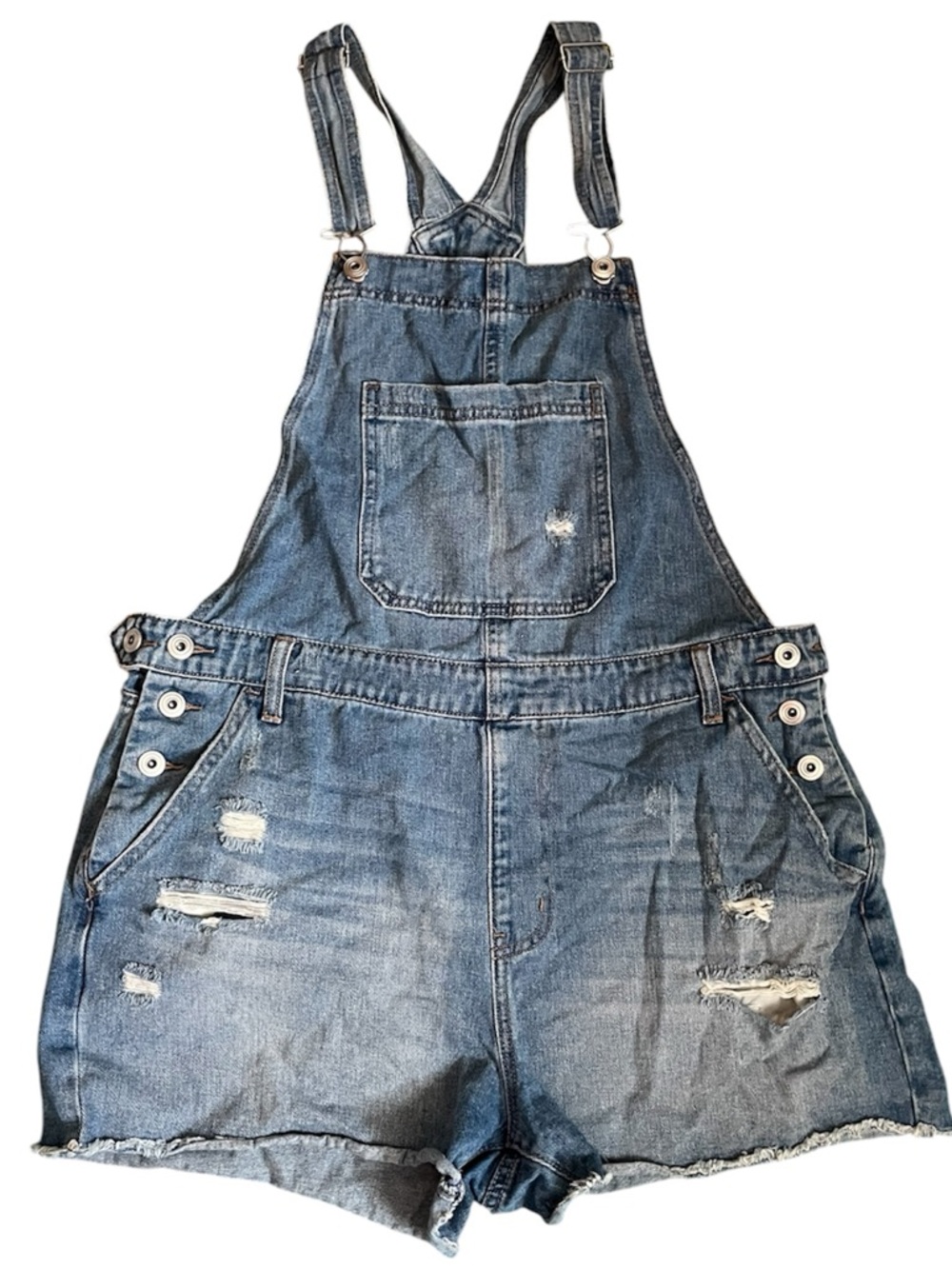 Denim Short Overalls in Blue with Distressed Finish